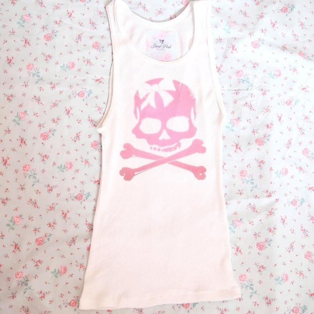 y2k pink bow skull graphic ribbed tank top fitted cami